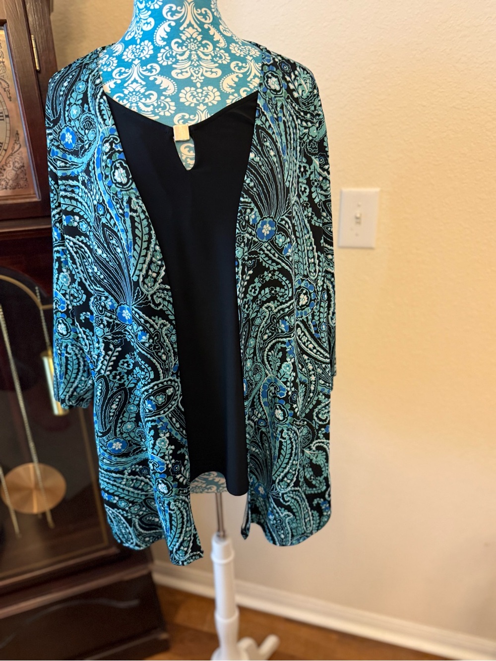 Rebecca Malone Black Top with Teal Paisley Open Cardigan